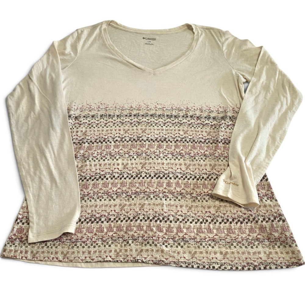 Columbia V-Neck Long Sleeve Oatmeal Slub Knit Southwestern Print Top Women's L